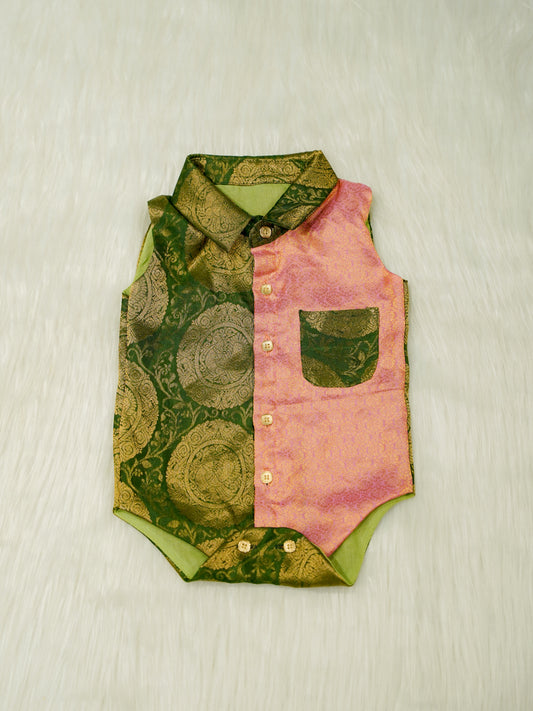 Green Pink Brocade Baby Boy Romper