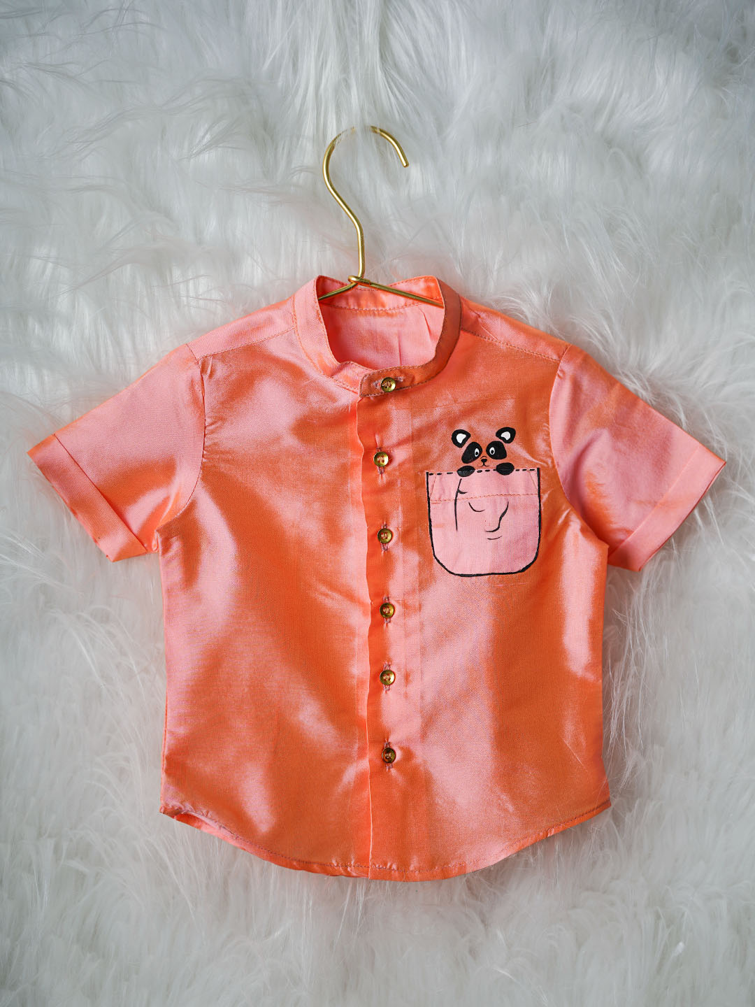 Hand-Painted Panda Cartoon Kanchipuram Silk Baby boy shirt