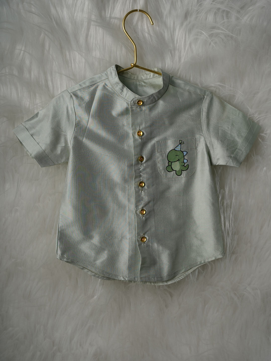 Hand-Painted Dinosaur Cartoon Kanchipuram Silk Baby boy shirt