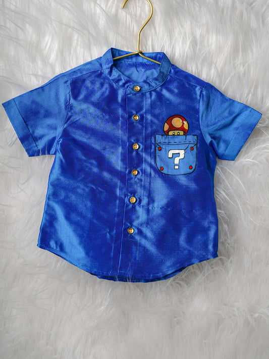 Hand-Painted Mushroom Cartoon Kanchipuram Silk Baby boy shirt