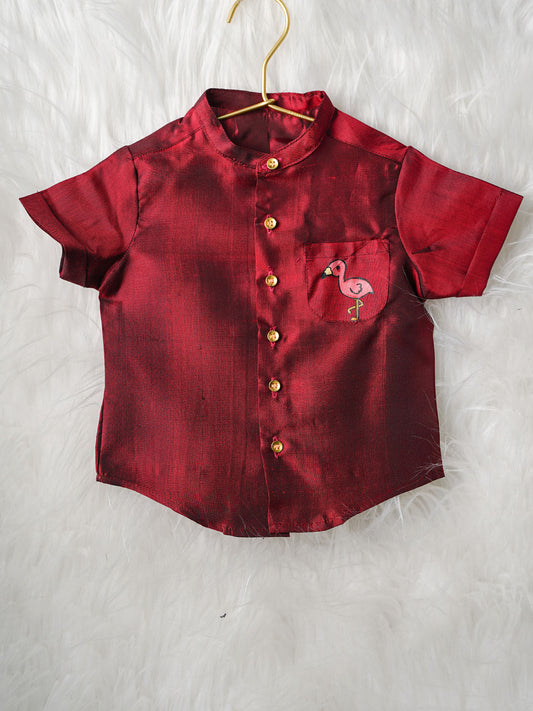 Hand-Painted Flamingo Cartoon Kanchipuram Silk Baby boy shirt