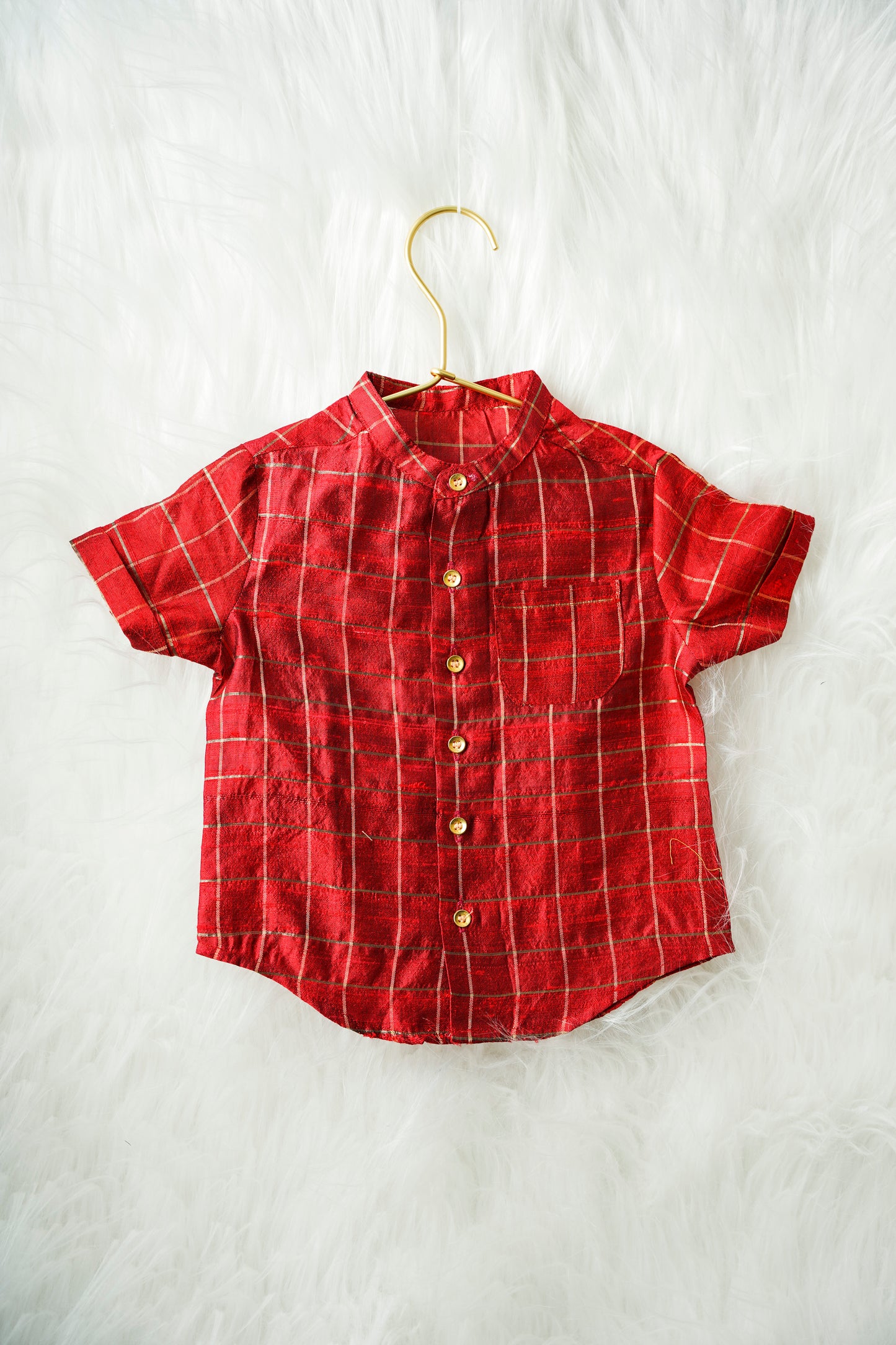 Red checked Kanchipuram Silk Baby boy shirt