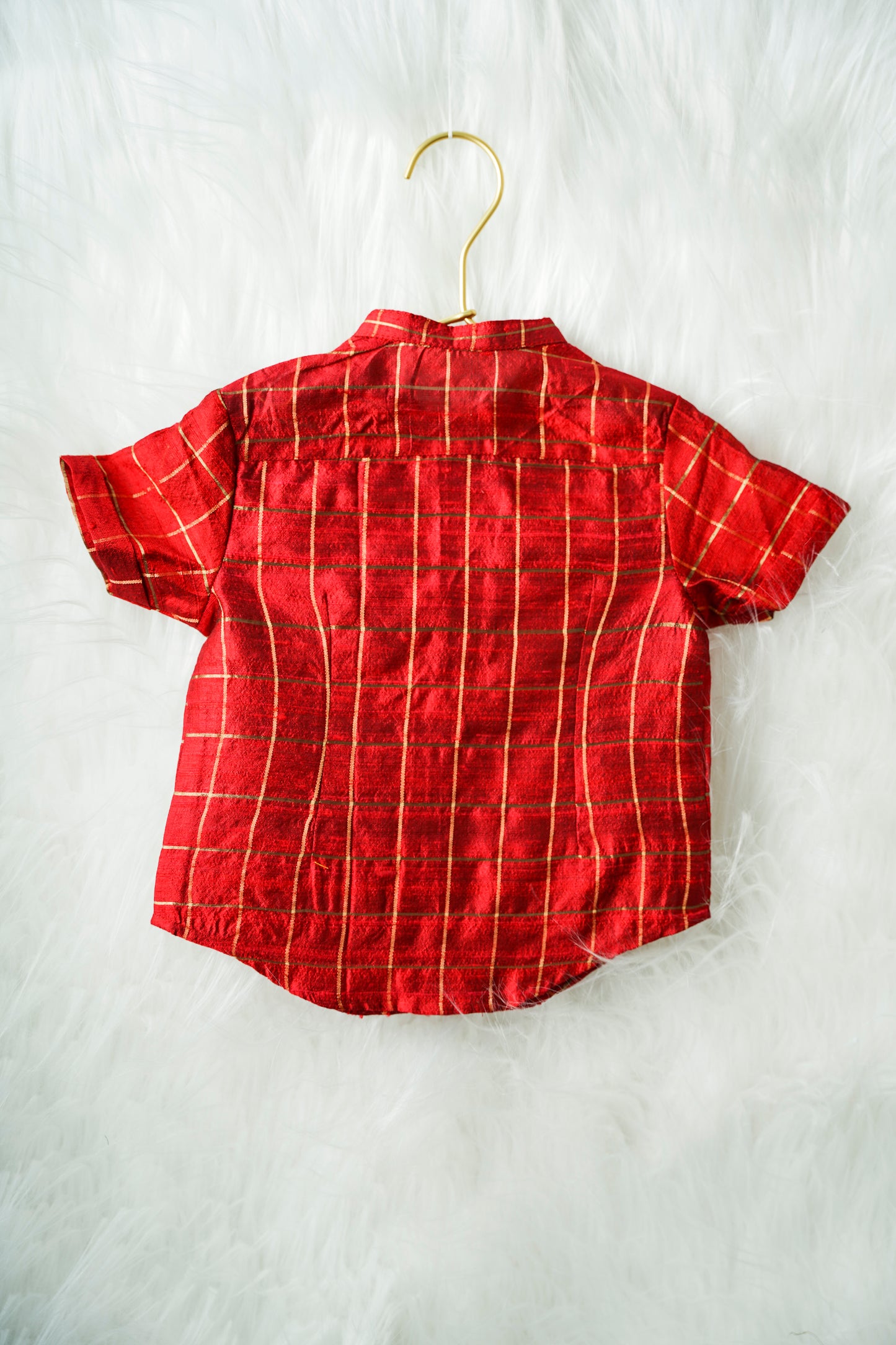 Red checked Kanchipuram Silk Baby boy shirt