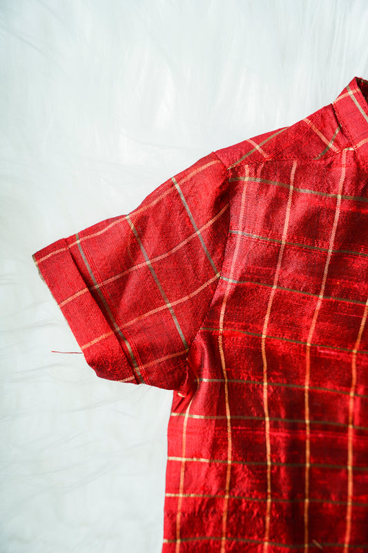 Red checked Kanchipuram Silk Baby boy shirt