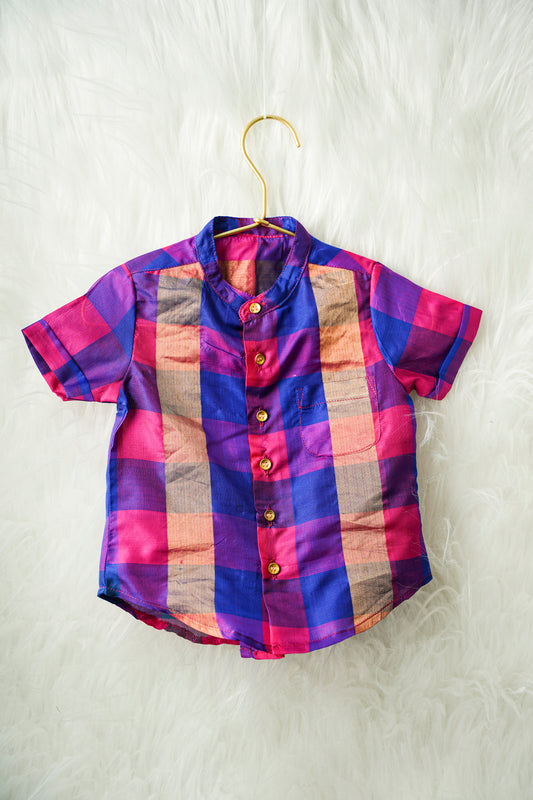 Blue and Pink checked Kanchipuram Silk Baby boy shirt