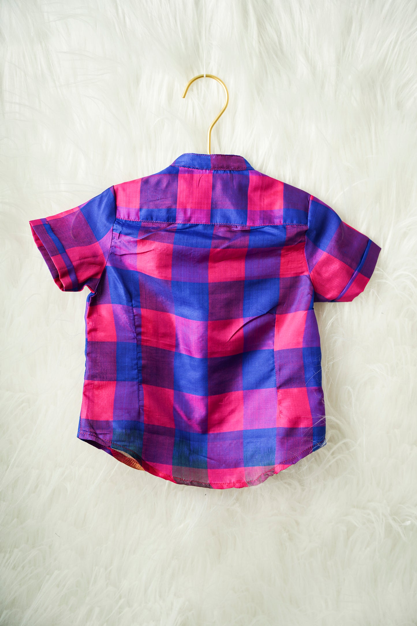 Blue and Pink checked Kanchipuram Silk Baby boy shirt