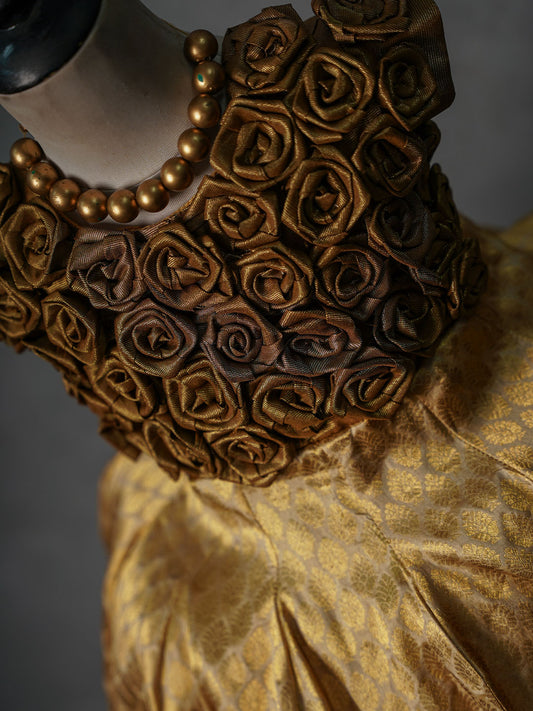 Dark Gold Rosette Kanjivaram Silk Gown