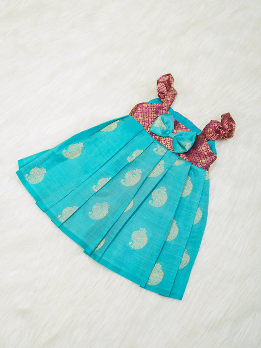 Teal & Magenta Kanchipuram Silk Party Dress for Girls with Shoes
