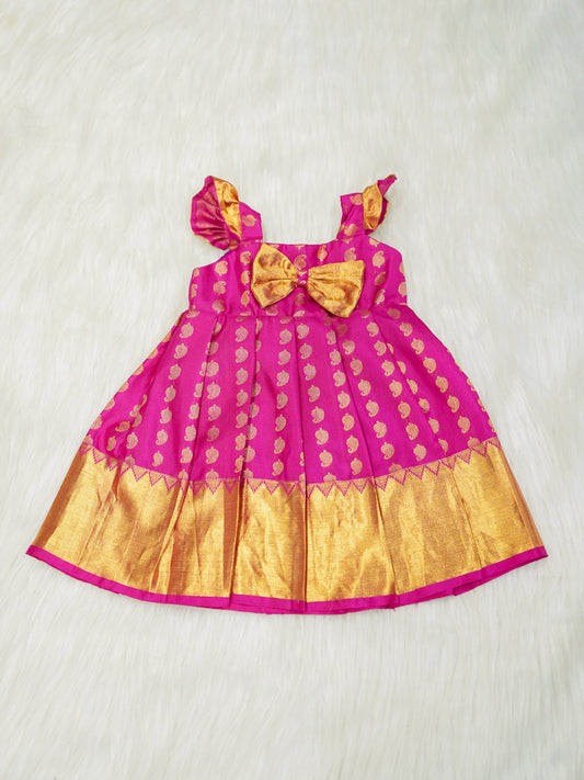 Magenta & Gold Kanchipuram Silk Party Dress for Girls with Shoes