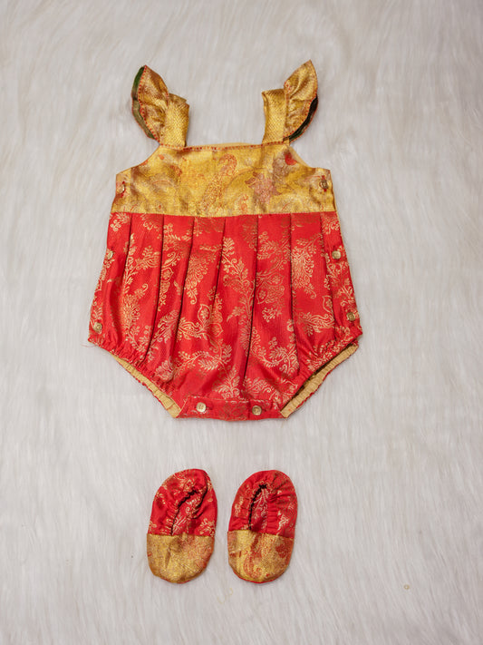Red Newborn Silk Romper with Contrast Zari Yoke