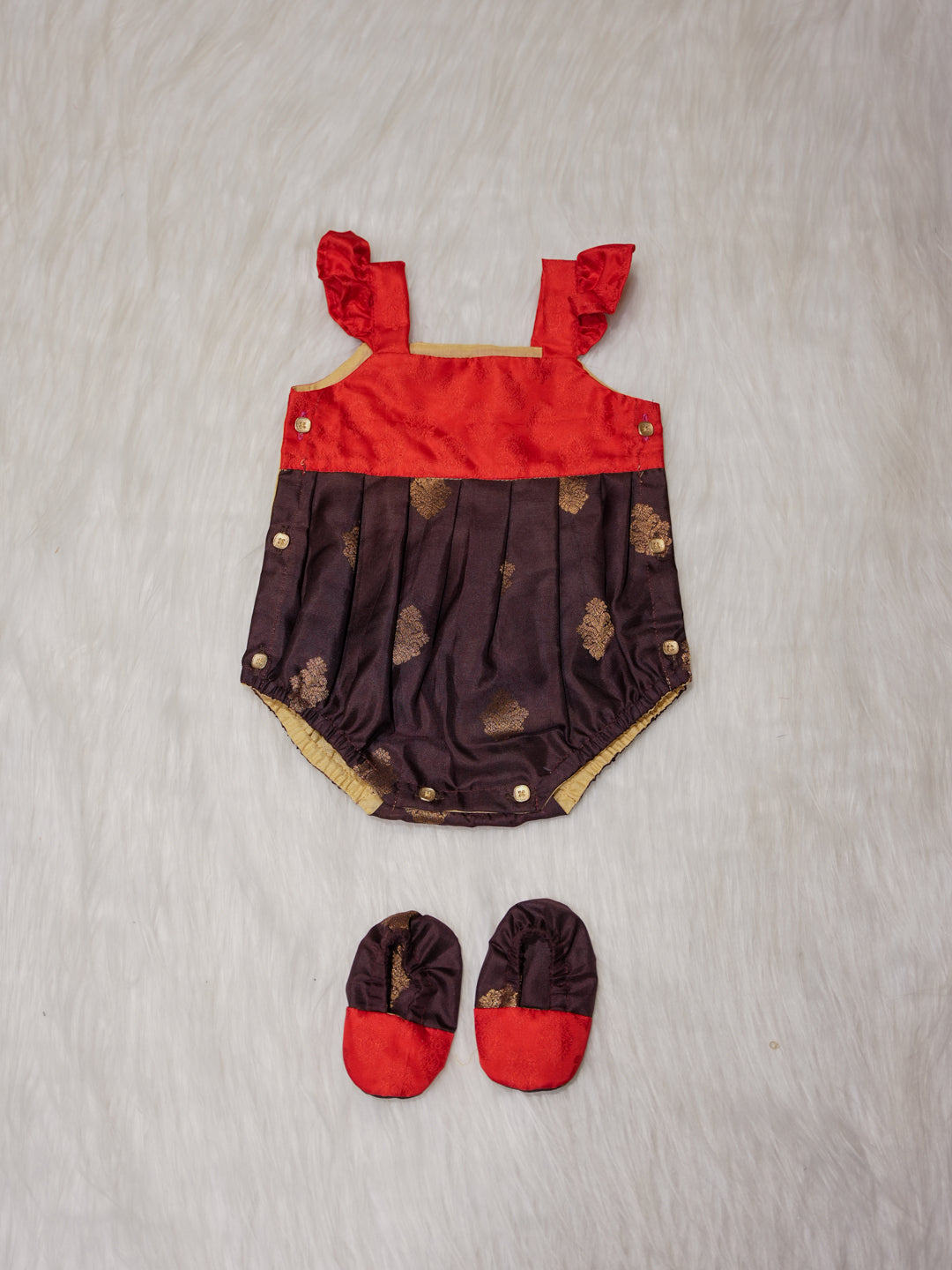 Chocolate Brown Newborn Silk Romper with Contrast Red Yoke