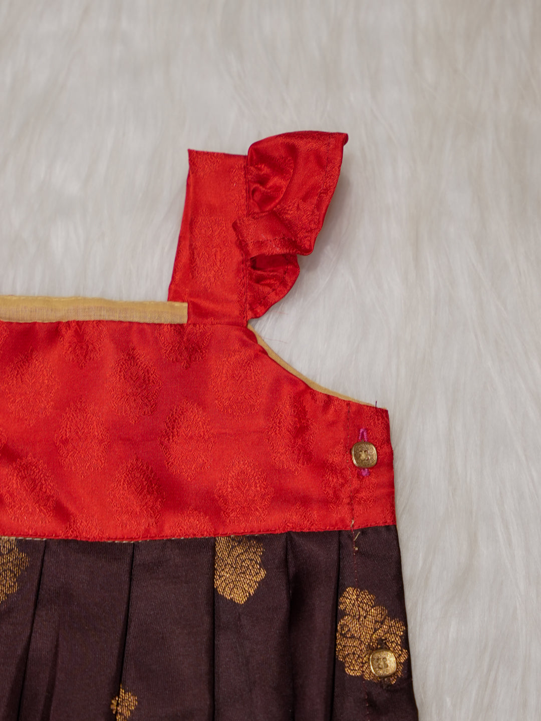 Chocolate Brown Newborn Silk Romper with Contrast Red Yoke