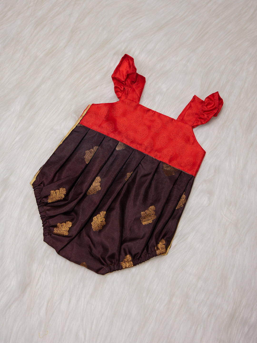 Chocolate Brown Newborn Silk Romper with Contrast Red Yoke