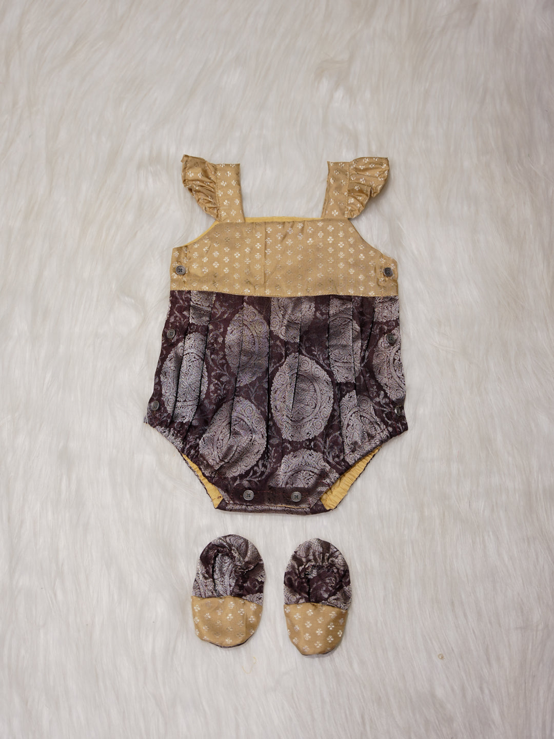 Deep Brown Newborn Silk Romper with Contrast Gold Yoke