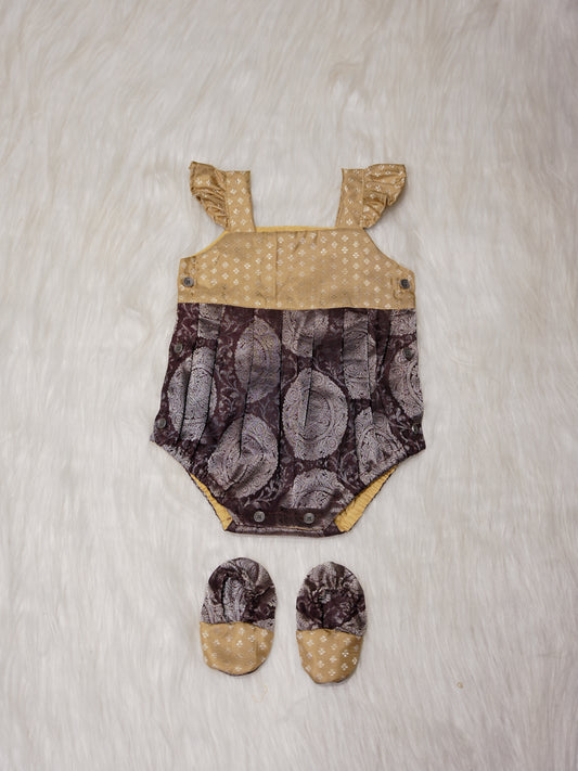Deep Brown Newborn Silk Romper with Contrast Gold Yoke