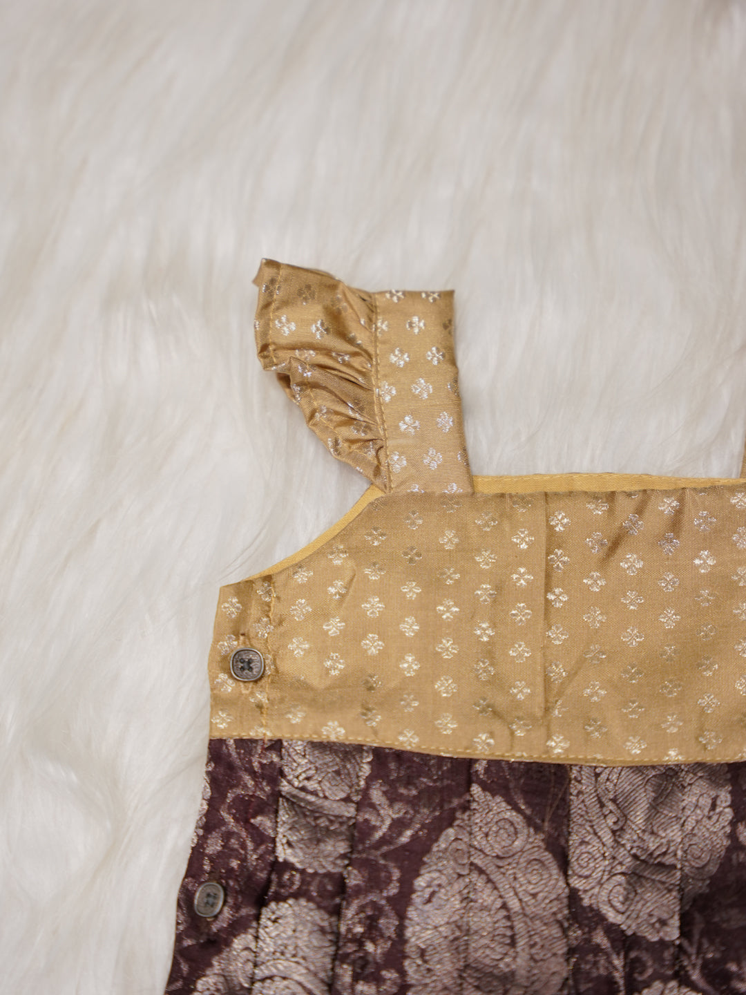 Deep Brown Newborn Silk Romper with Contrast Gold Yoke