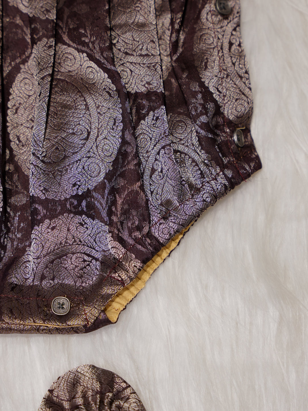 Deep Brown Newborn Silk Romper with Contrast Gold Yoke