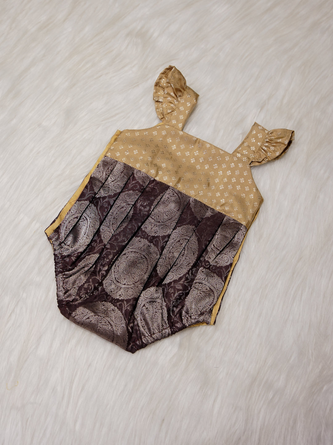 Deep Brown Newborn Silk Romper with Contrast Gold Yoke