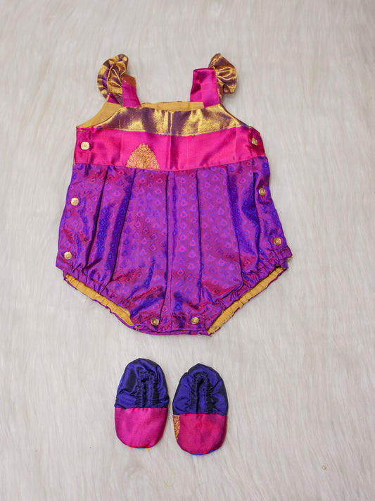 Royal Purple Newborn Silk Romper with Contrast Pink Yoke