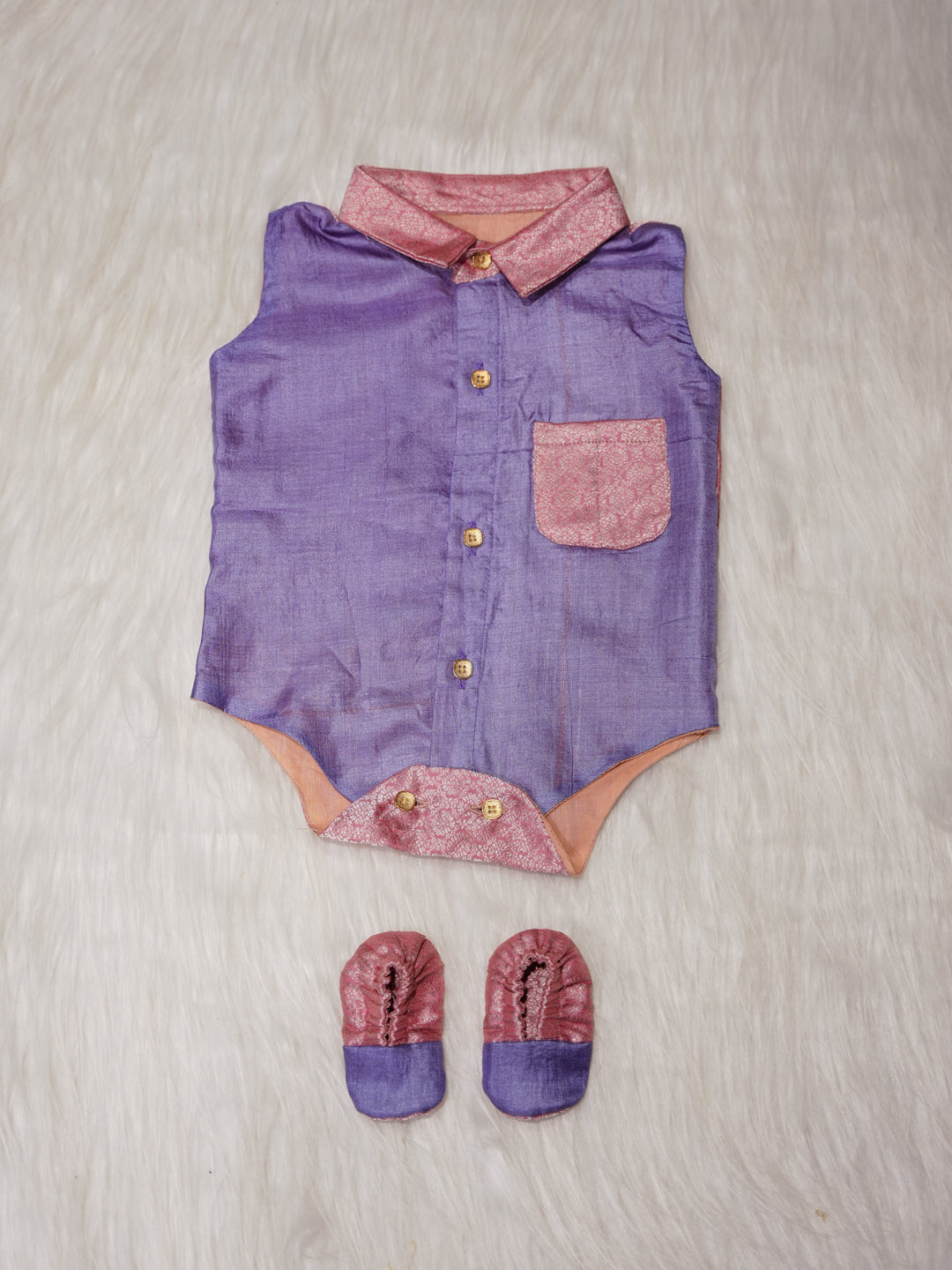 Lavender Newborn Silk Romper with Collar Design