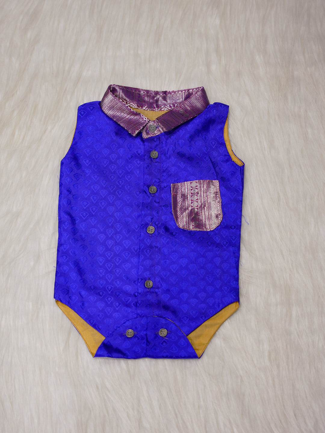 Royal Blue Newborn Silk Romper with Contrast Zari Collar