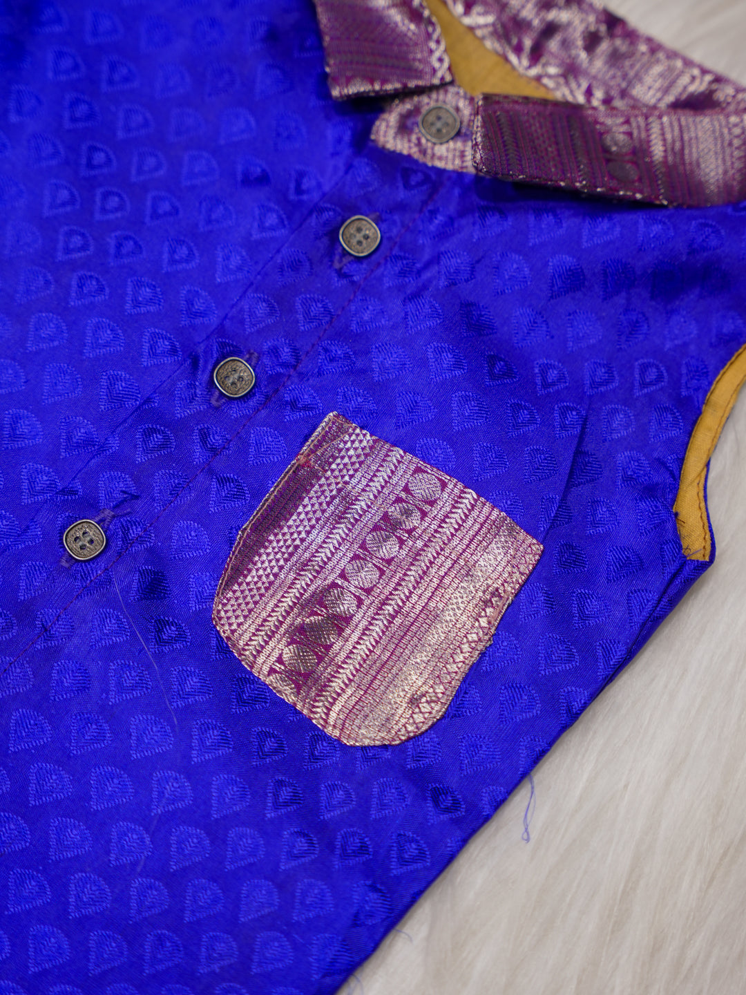 Royal Blue Newborn Silk Romper with Contrast Zari Collar