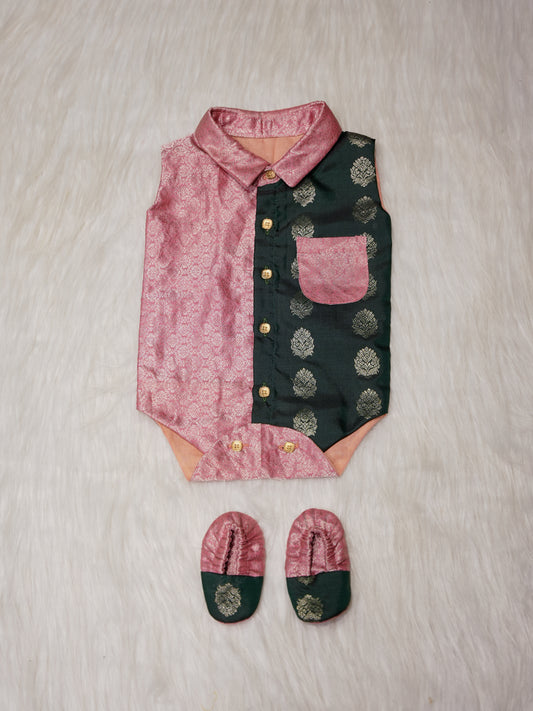 Dusty Pink Newborn Silk Romper with Contrast Green Panel