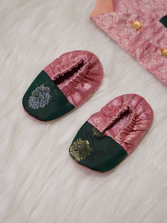 Dusty Pink Newborn Silk Romper with Contrast Green Panel