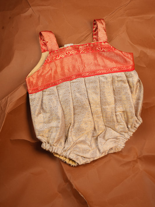 Sunset Bloom – Beige & Red Zari Silk Romper