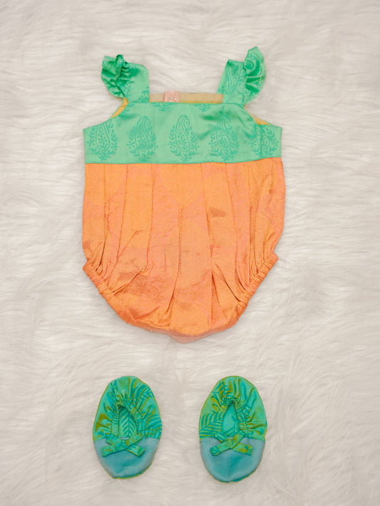 Kanchipuram Silk Peach and Mint Romper Set