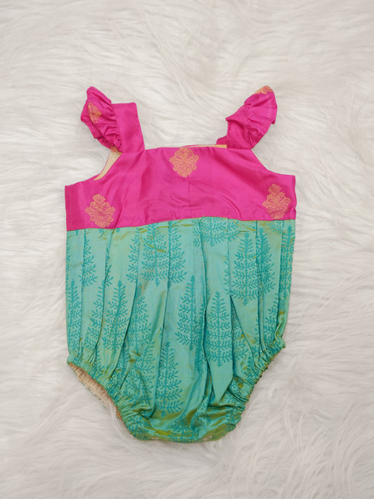 Kanchipuram Silk Pink and Aqua Romper