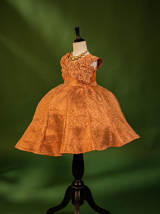 Copper Tissue Rosette Gown for Girls – Handcrafted with Beaded Embroidery & Jacquard Weave