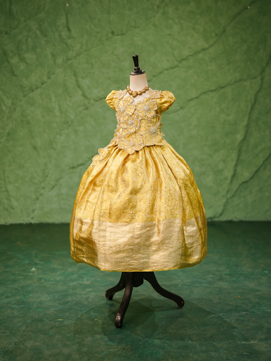 Pastel Yellow Kanchipuram Silk 3D Floral Gown