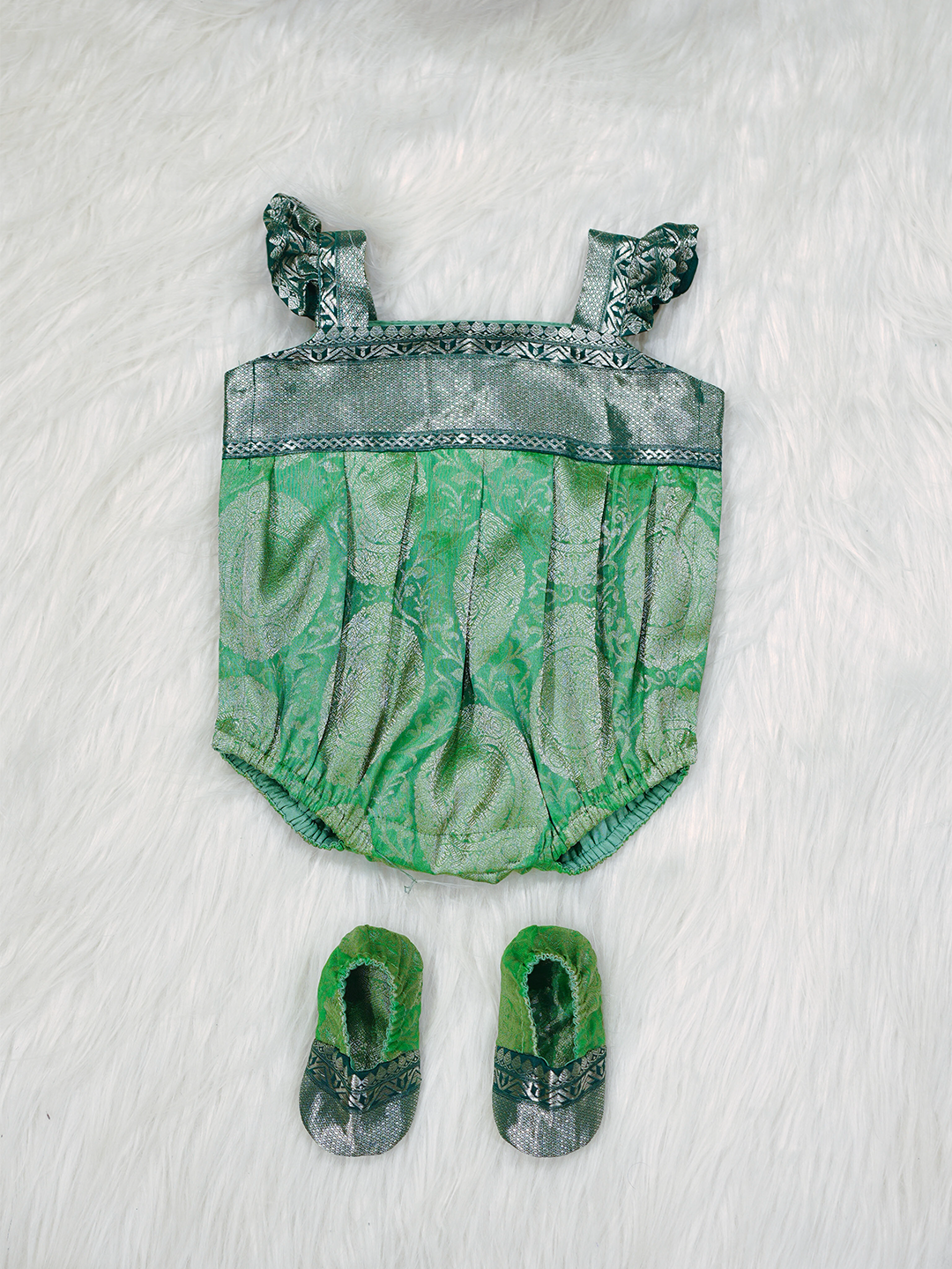 Sea Green & Silver Kanchipuram Silk Romper Set