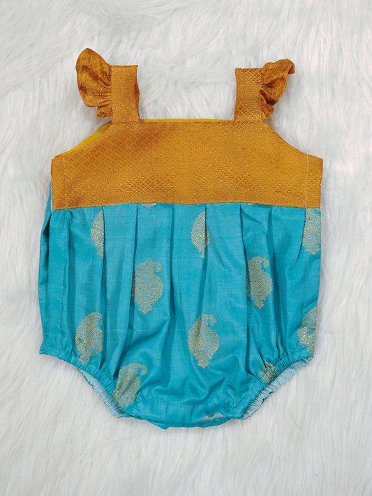 Turquoise Blue & Mustard Kanchipuram Silk Paisley Romper