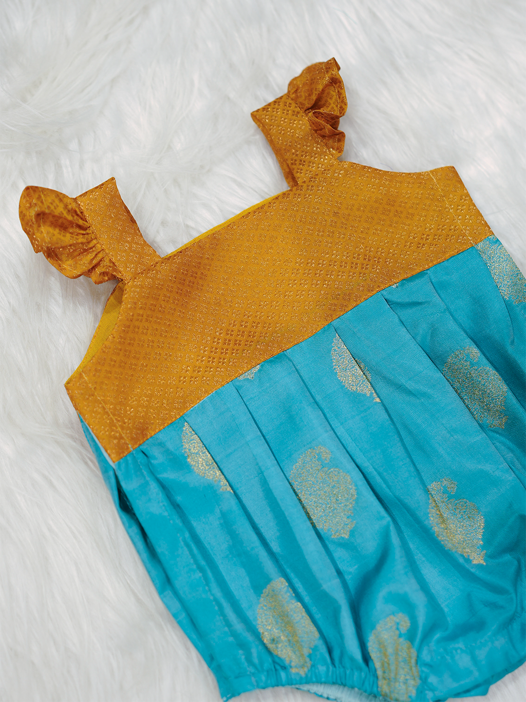 Turquoise Blue & Mustard Kanchipuram Silk Paisley Romper
