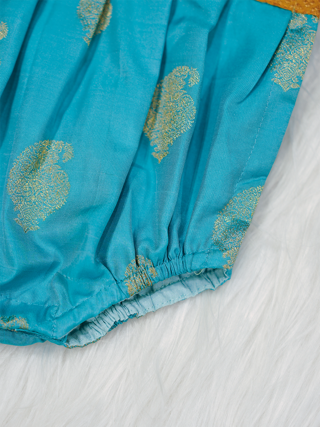 Turquoise Blue & Mustard Kanchipuram Silk Paisley Romper