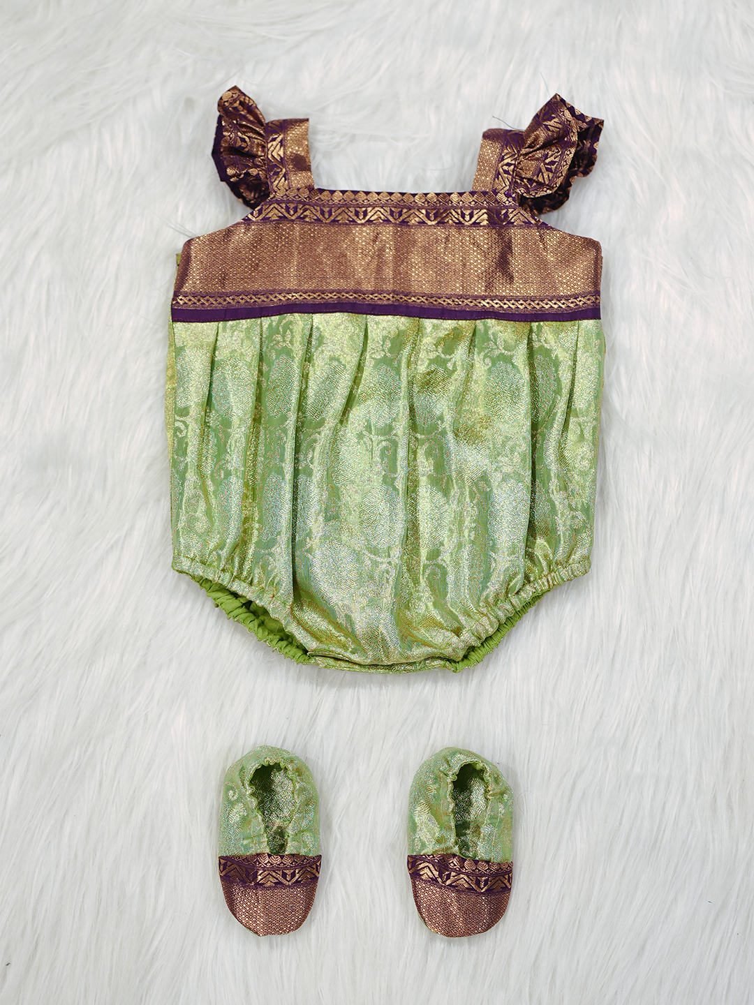 Pistachio Green & Coffee Kanchipuram Silk Romper Set