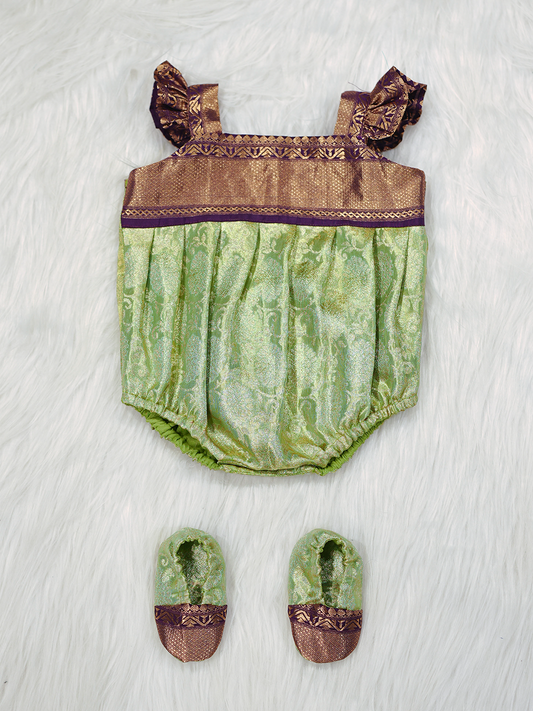 Pistachio Green & Coffee Kanchipuram Silk Romper Set