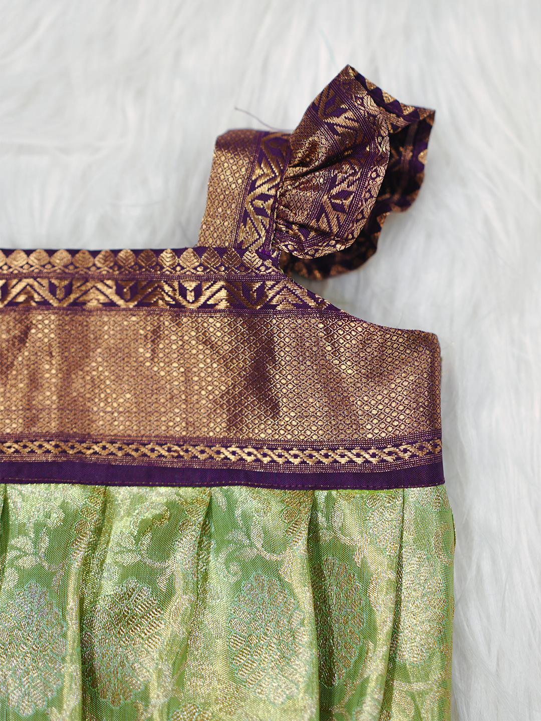 Pistachio Green & Coffee Kanchipuram Silk Romper Set