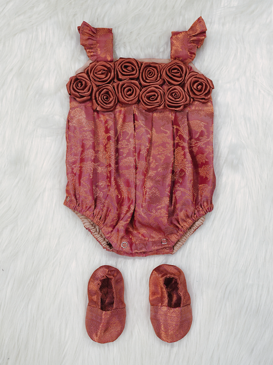 Terracotta Rose Kanchipuram Silk Rosette Romper Set