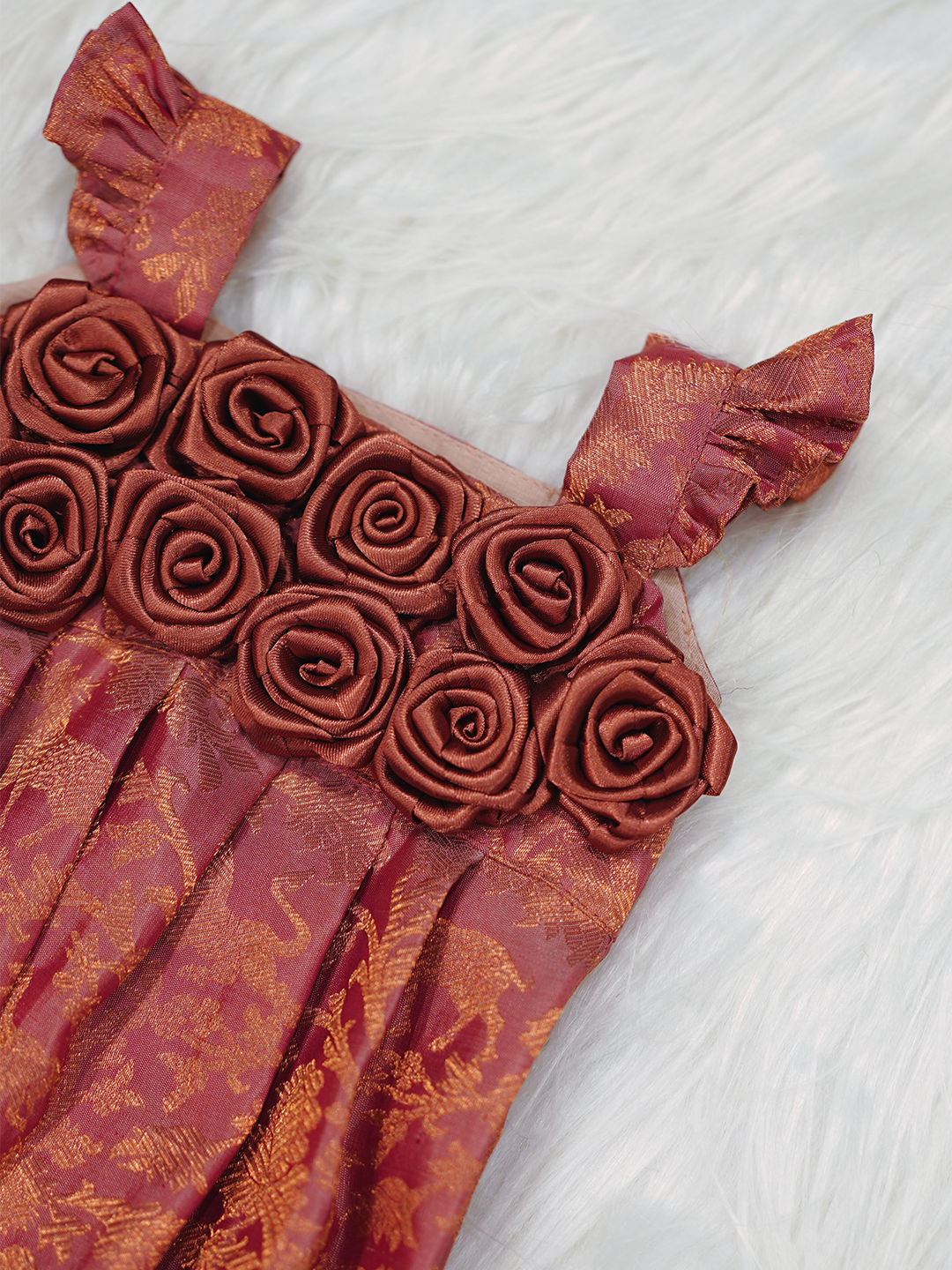 Terracotta Rose Kanchipuram Silk Rosette Romper Set