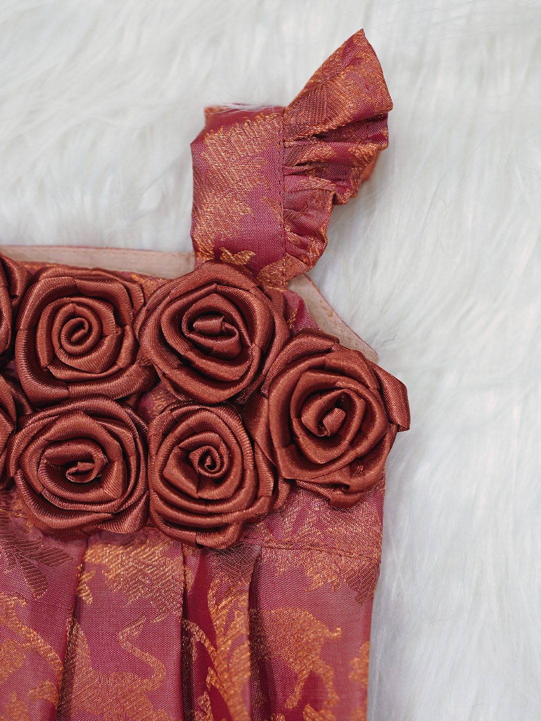 Terracotta Rose Kanchipuram Silk Rosette Romper Set