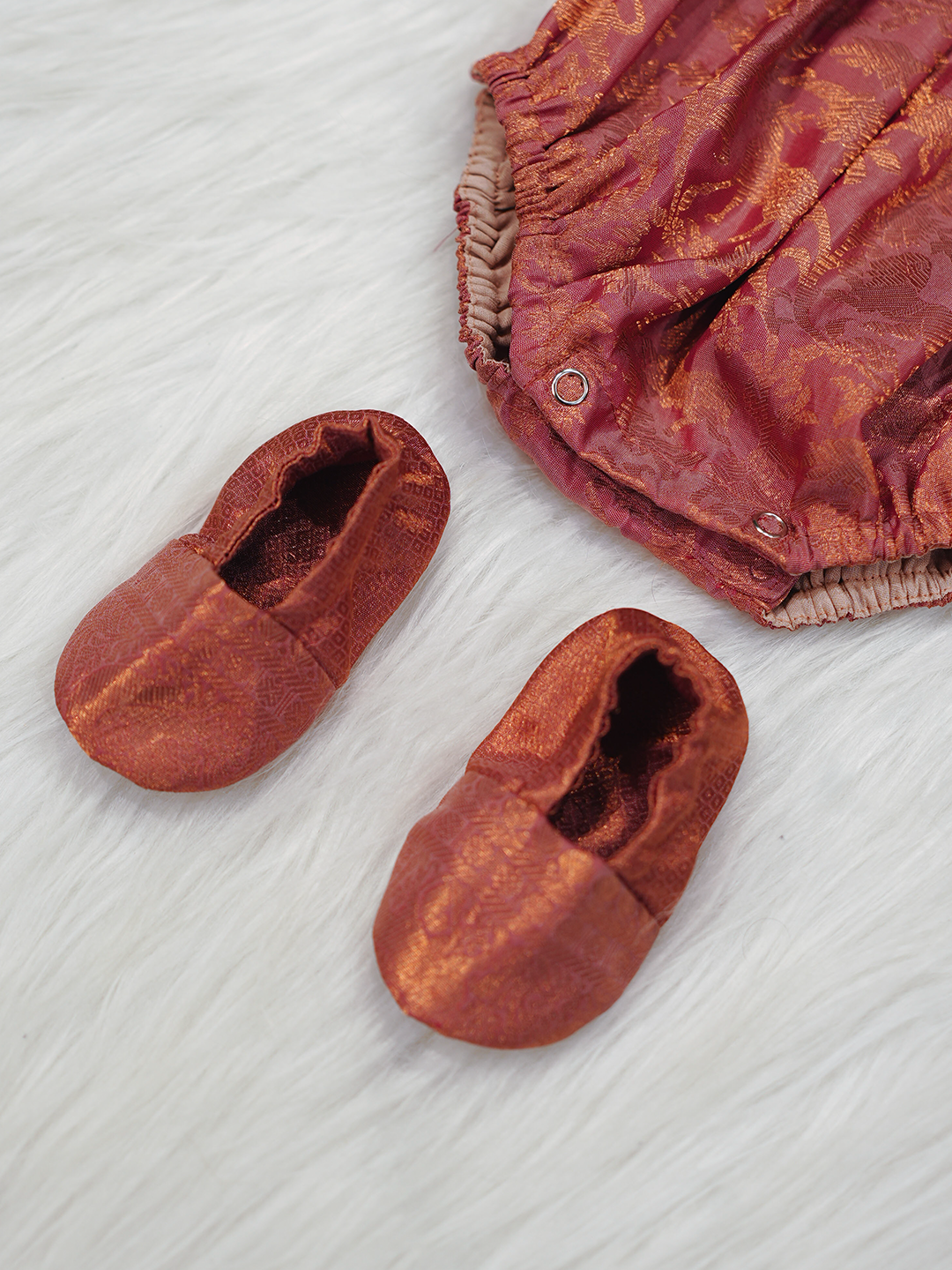 Terracotta Rose Kanchipuram Silk Rosette Romper Set