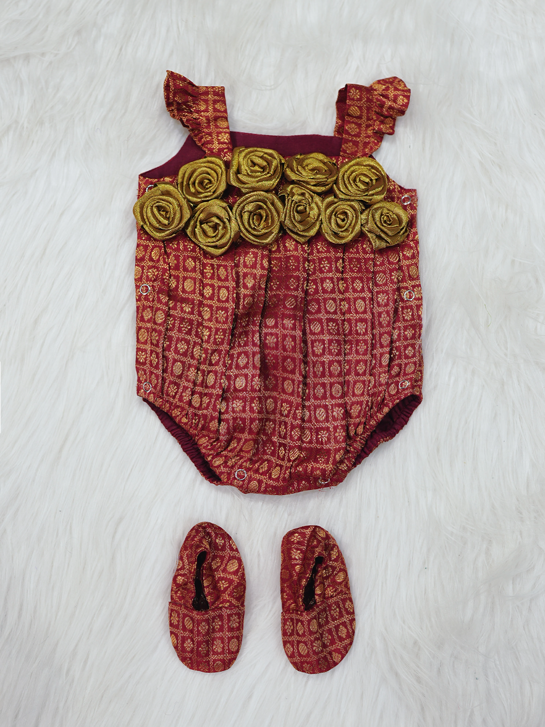 Maroon & Gold Kanchipuram Silk Rosette Romper Set