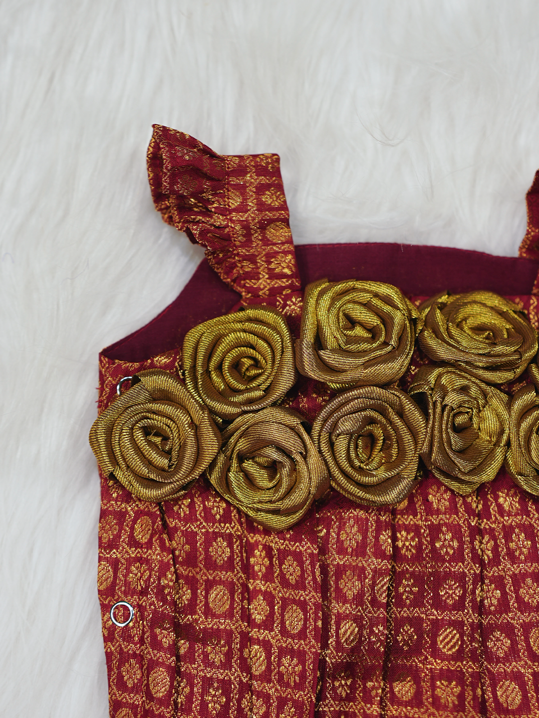 Maroon & Gold Kanchipuram Silk Rosette Romper Set