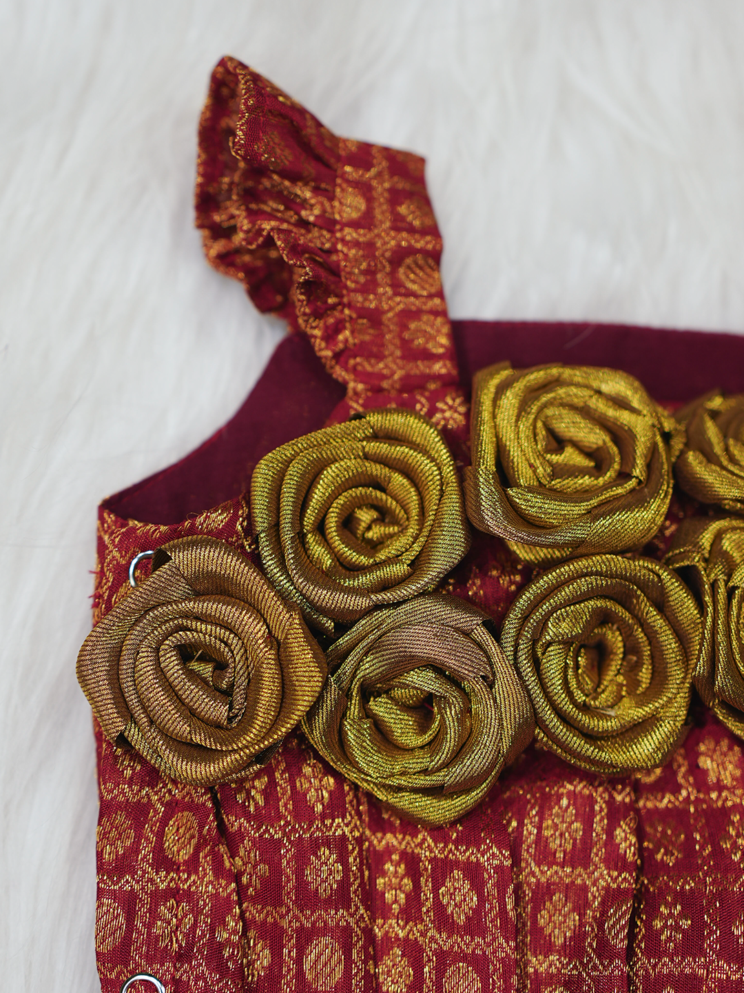 Maroon & Gold Kanchipuram Silk Rosette Romper Set