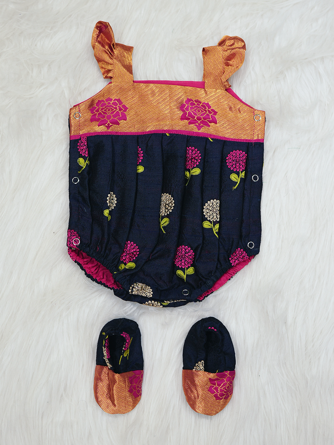 Navy Blue & Copper Floral Kanchipuram Silk Romper Set
