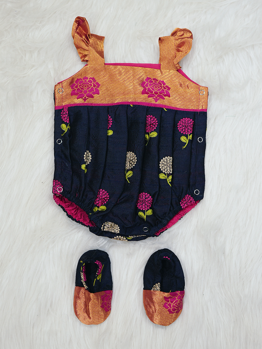 Navy Blue & Copper Floral Kanchipuram Silk Romper Set