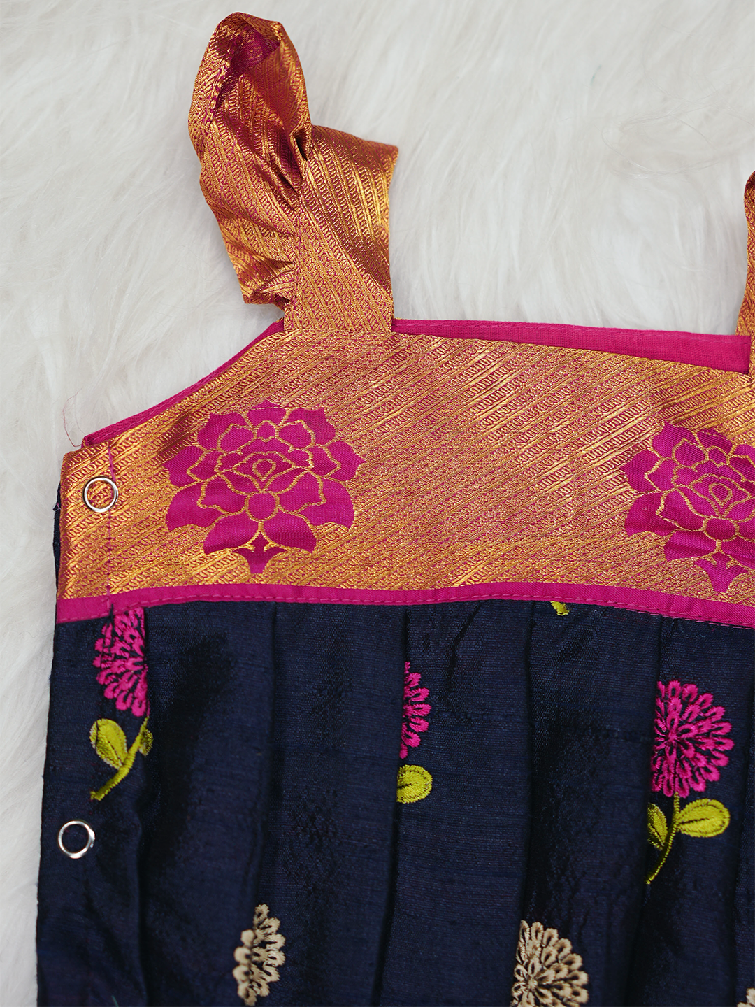 Navy Blue & Copper Floral Kanchipuram Silk Romper Set